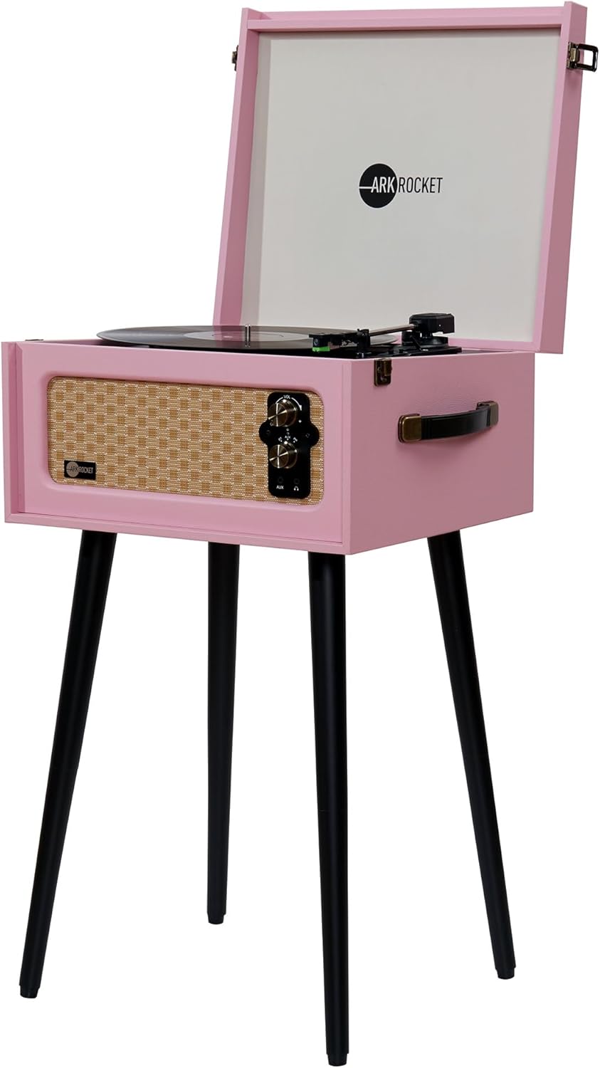 Arkrocket Discovery 3-Speed Bluetooth Record Player Retro Console Turntable with Built-in Speakers and Removable Legs (Pink)