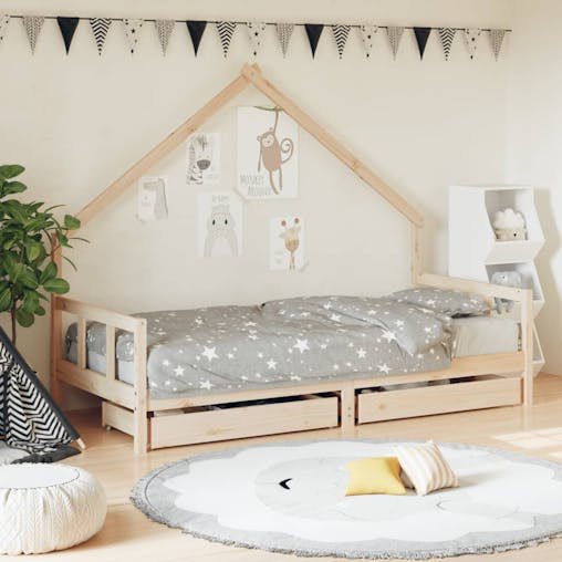 NNEVL Kids Bed Frame with Drawers 90x190 cm Solid Wood Pine