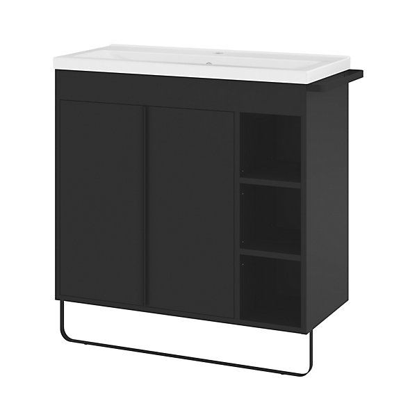 Meuble vasque faible profondeur noir avec porte-serviettes l.85 x H.82 x P.36 cm Maza   plan vasque blanc céramique Nira, GoodHome