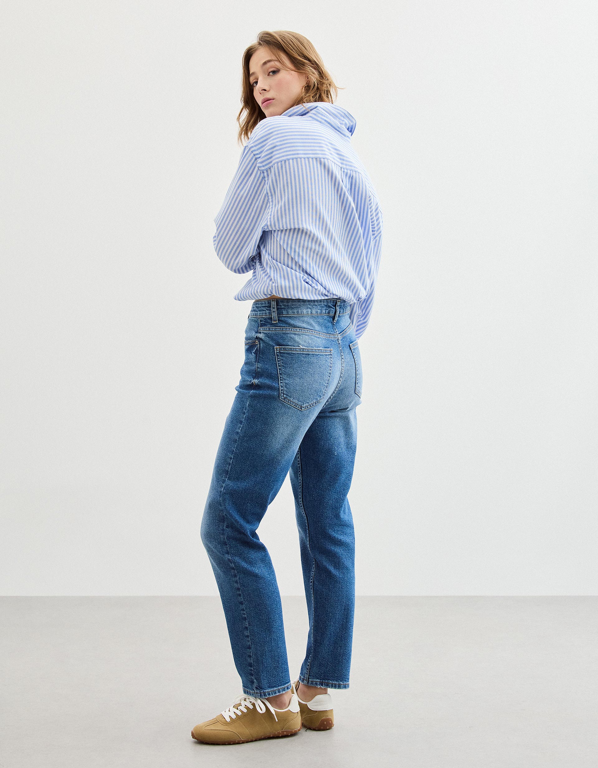 Calças de Ganga 'Tapered Mom Fit', Mulher, Azul