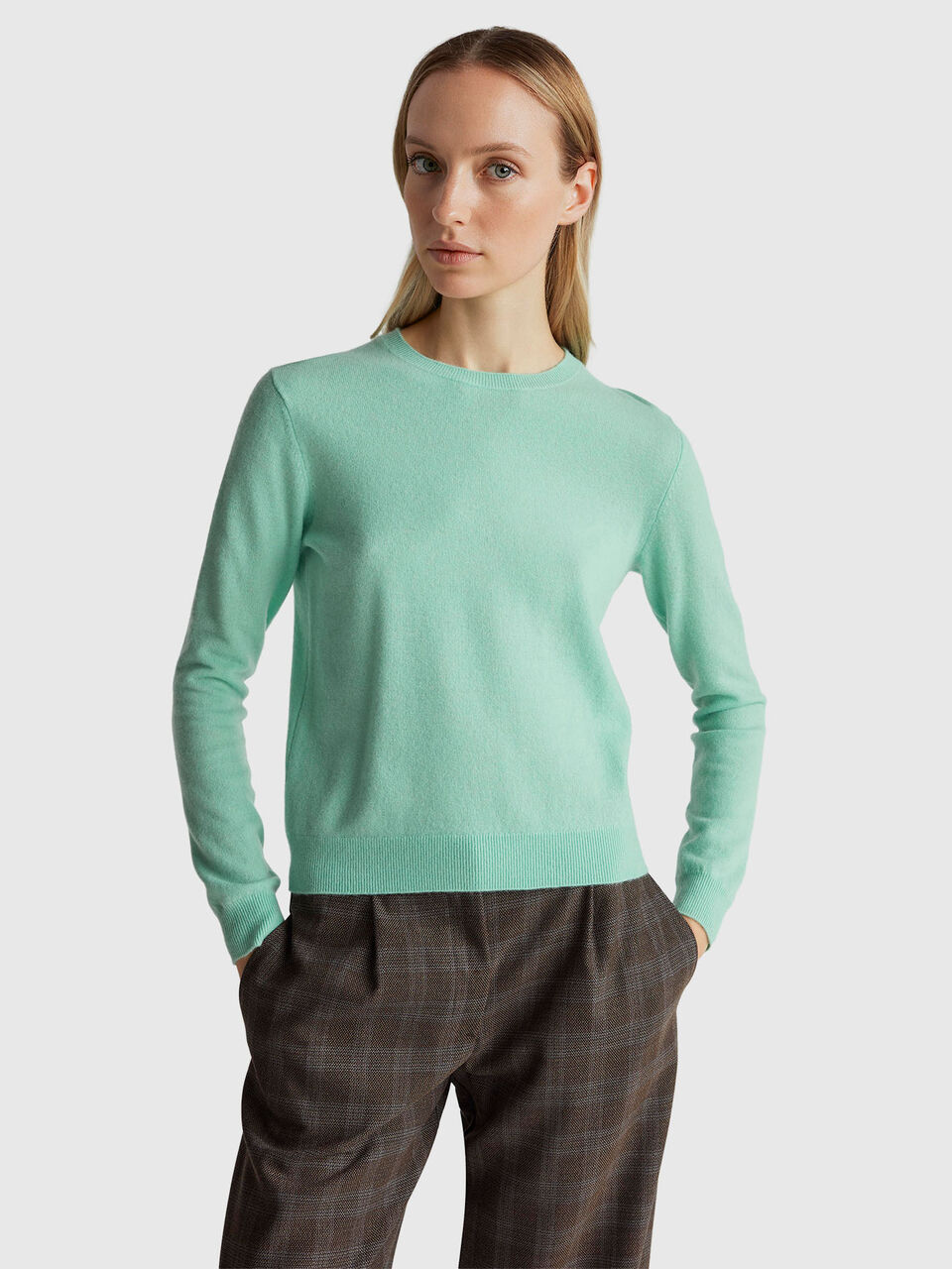 Light green crew neck sweater in Merino wool