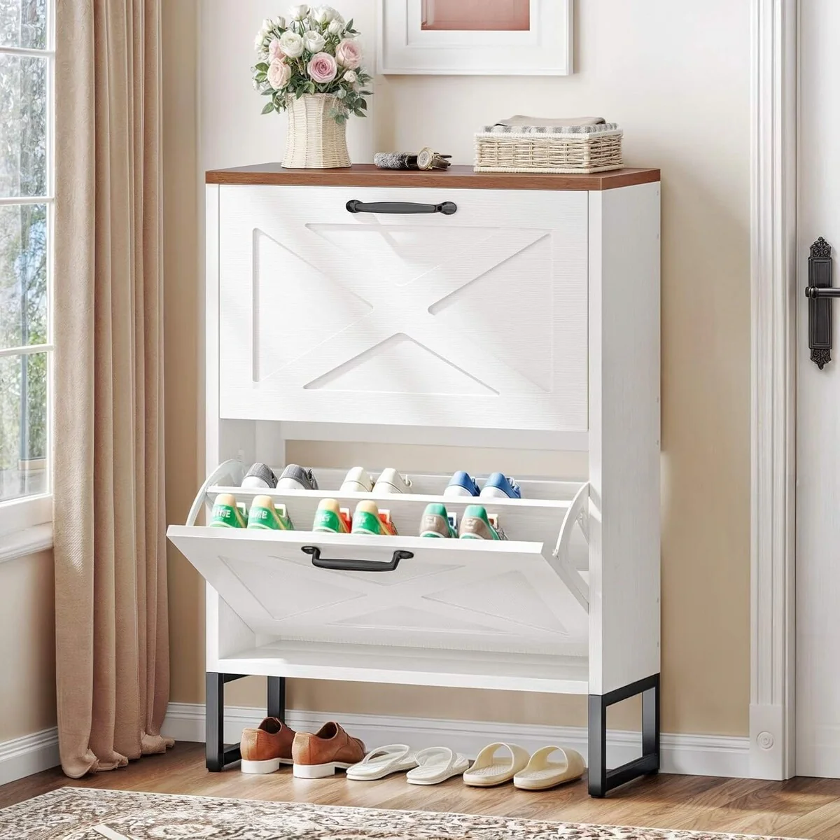 Moasis Shoe Storage Cabinet with 2 Flip Drawers and Open Shelves Shoe Rack for Entryway