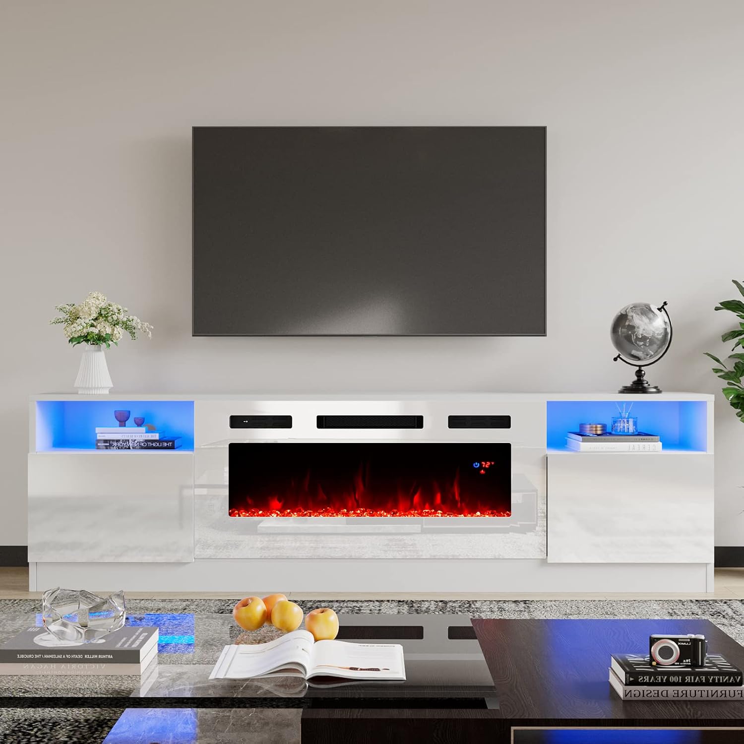 AMERLIFE TV Stand with Fireplace, LED Light Entertainment Center with 36 Electric Fireplace, 70 Modern Wood Entertainment Stand with Highlight Storage Cabinet for TVs up to 80, White