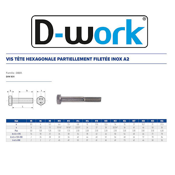 50 Vis Métaux Tête Hexagonale F/Partiel 8 x 110 mm - DIN 931 - Inox A2 - D-Work