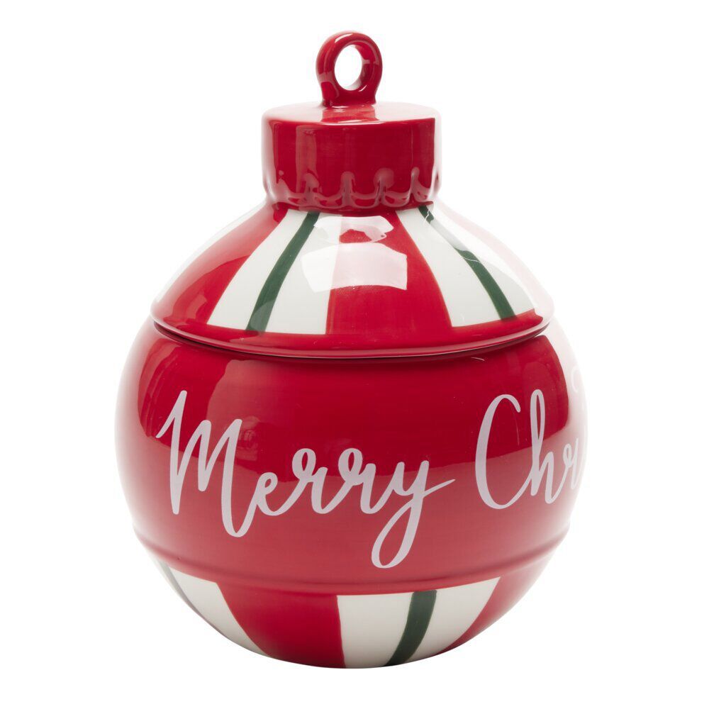 Bonbonnière boule de No&euml;l Merry Christmas rouge et blanc Ø15,5xH20cm