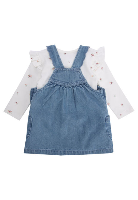 Baby Girls Blue Dungaree Dress & Floral Top Set