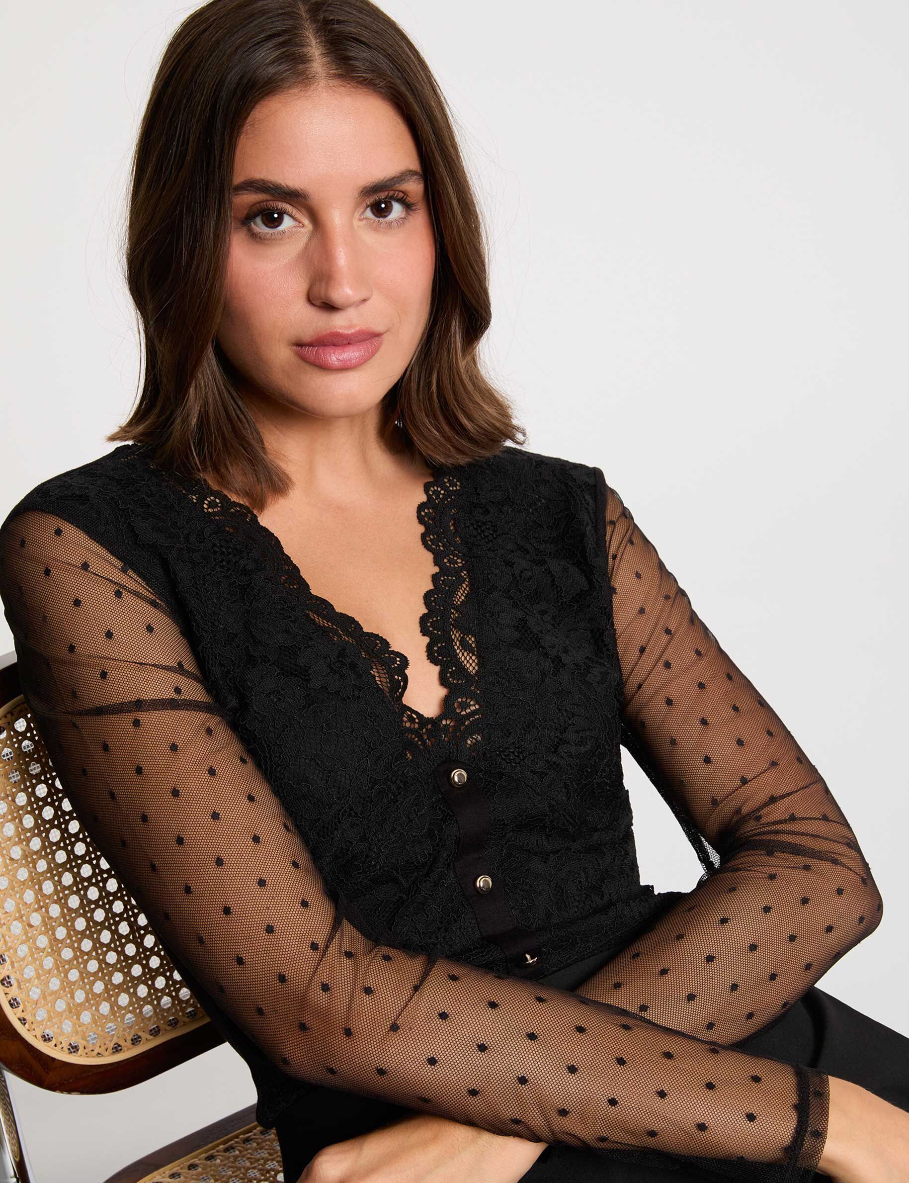 Lace Bodysuit With V-Neck Black Women