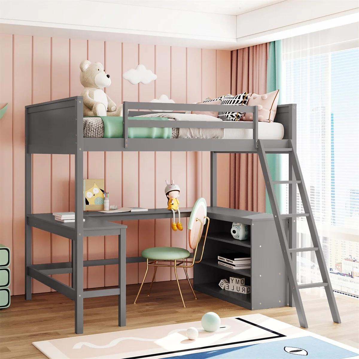 Merax Wooden Loft Bed with Shelves and Desk