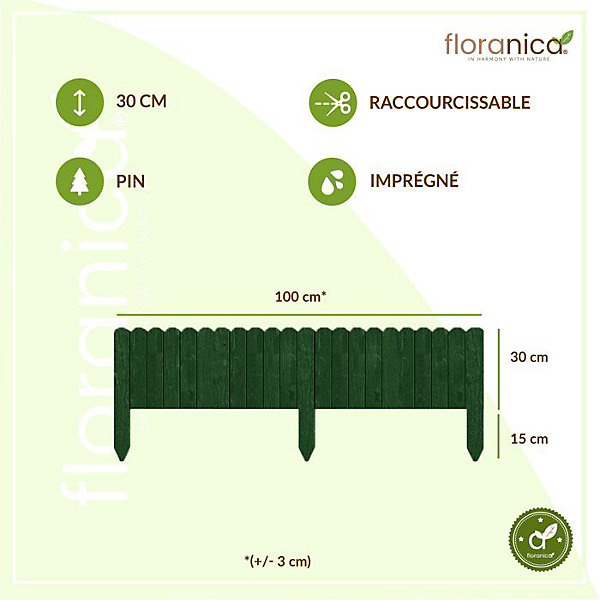 Floranica Bordure de Jardin en bois 30 x 100 cm Vert Bordurette de Pelouse Bordure de Gazon avec piquets Bordure de parterre