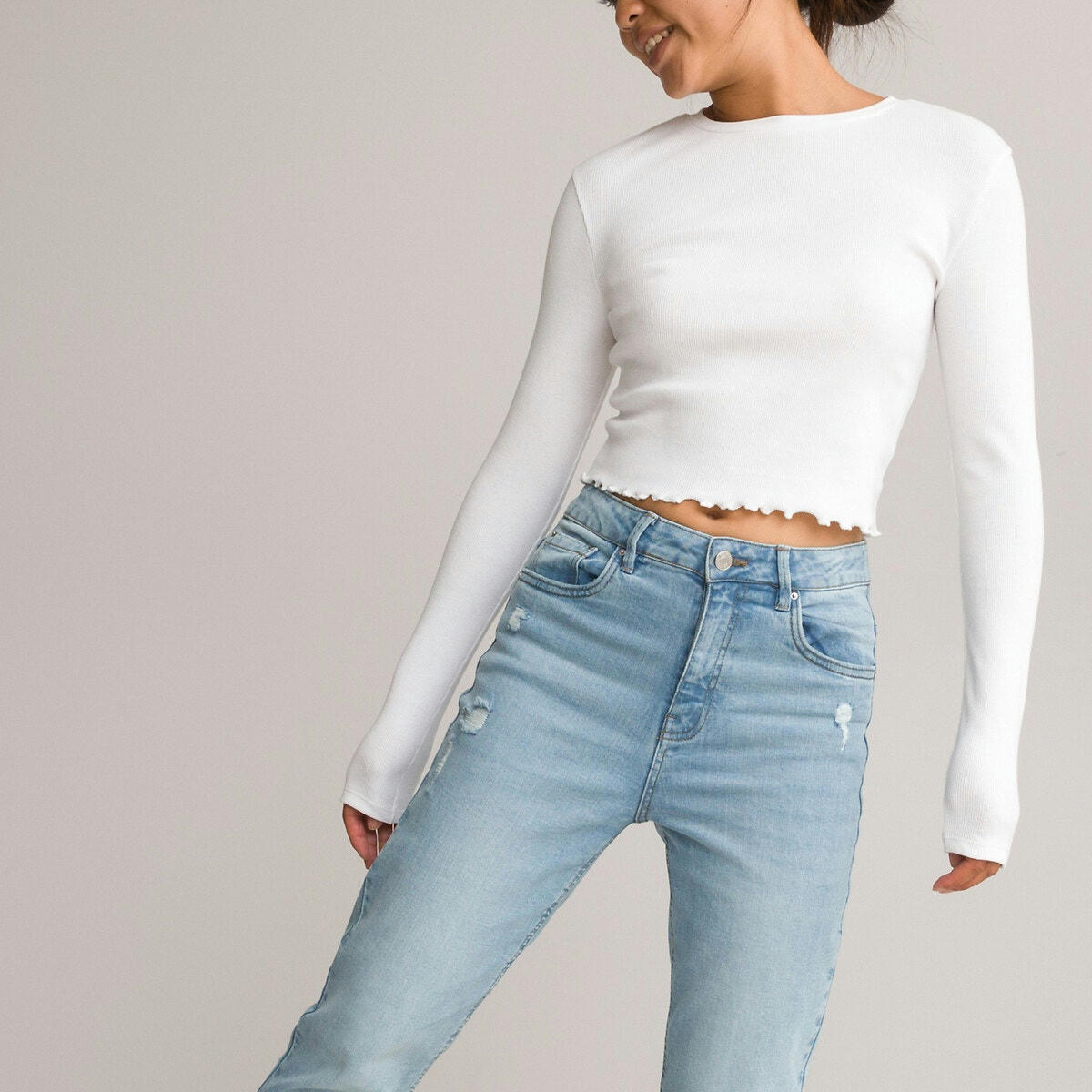 T-shirt manches longues en côtes coupe cropped