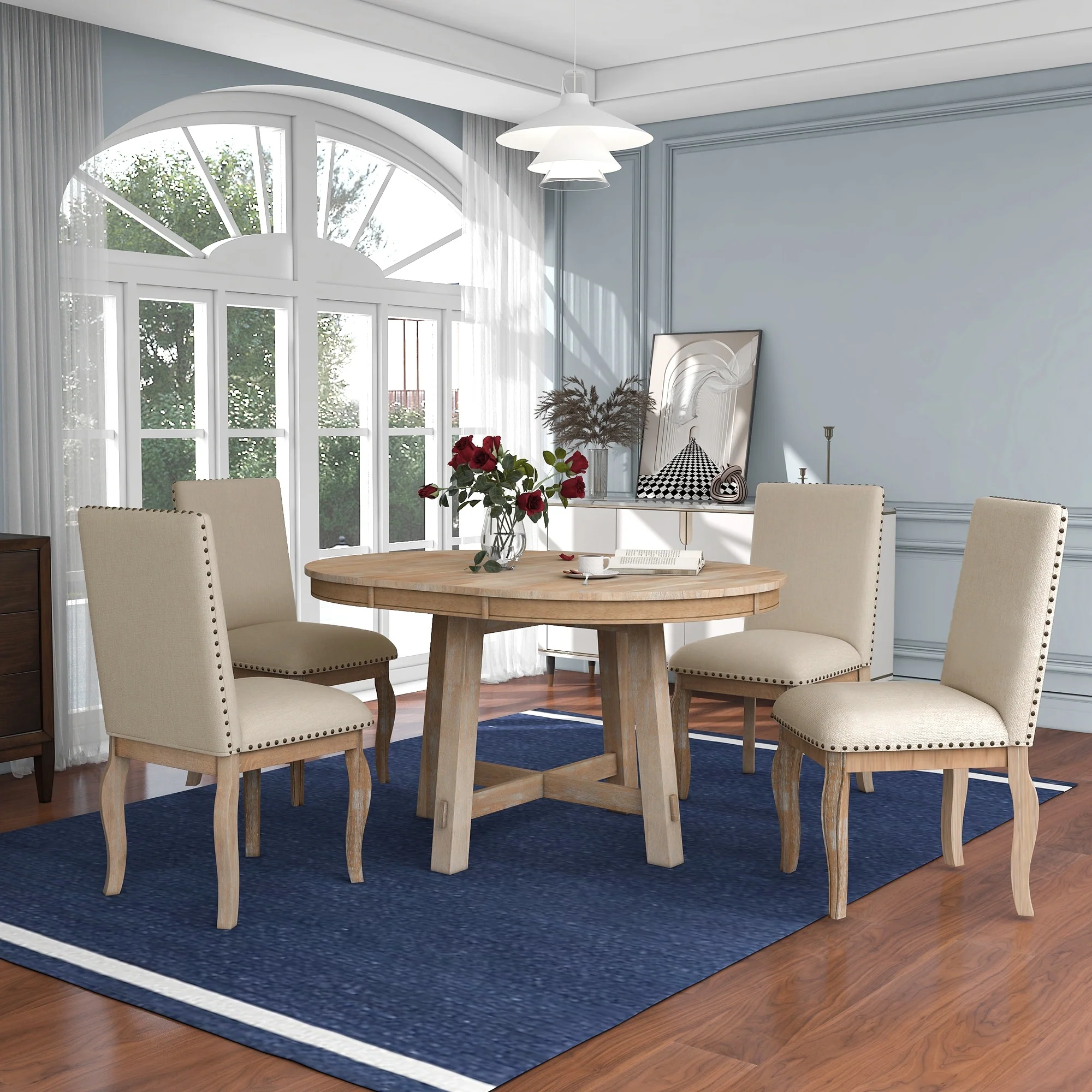 5-Piece Wooden Dining Table Set with Extendable Round Table & 4 Chairs