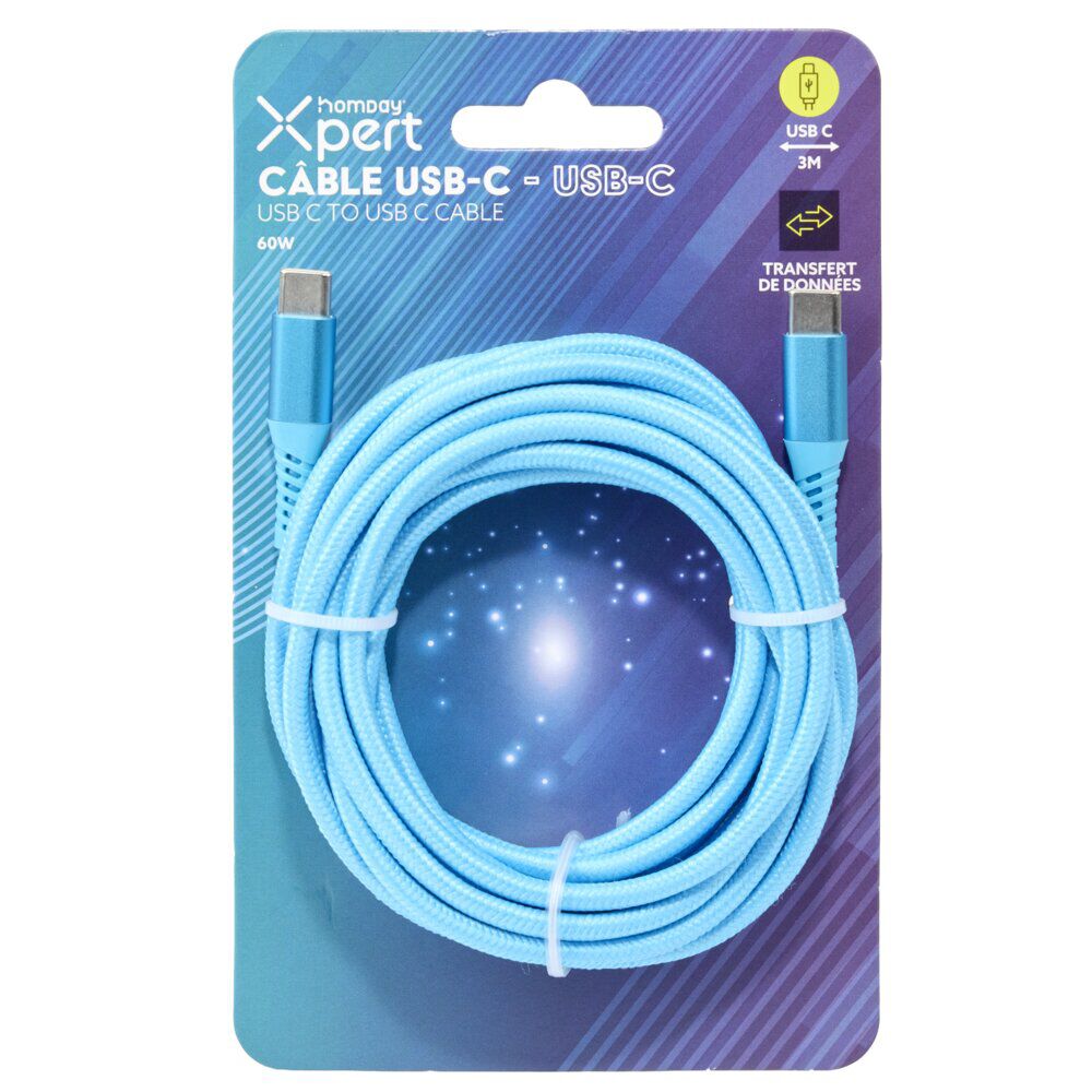Câble de charge USB vers USB-C nylon bleu 3m