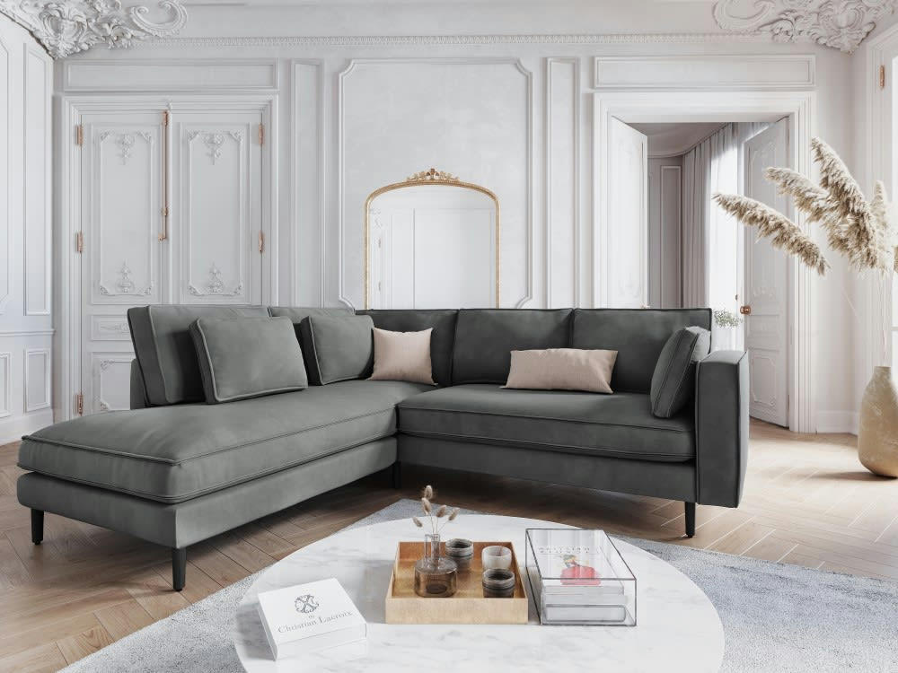 ALEXIS - Canapé d'angle 5 places en velours gris clair