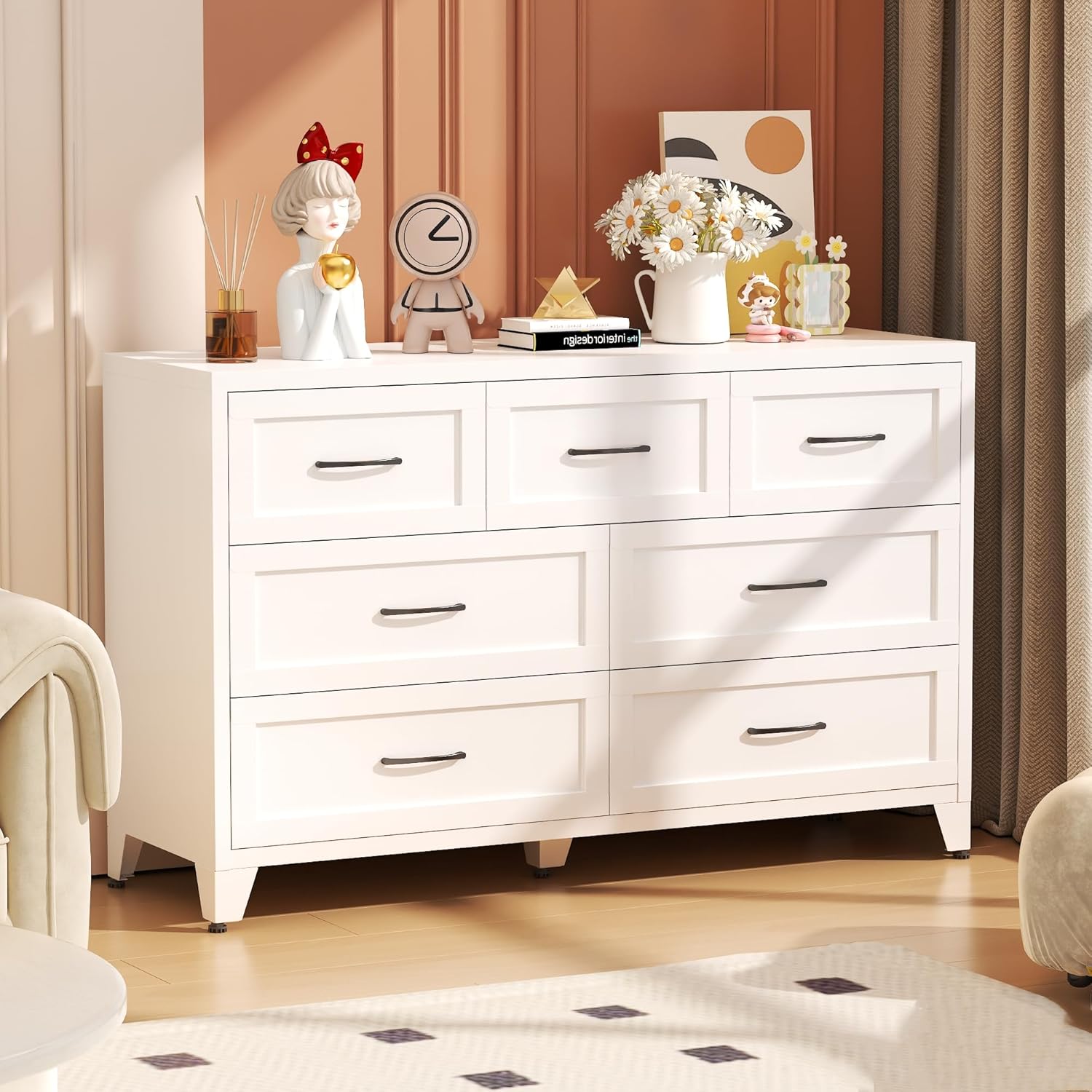 7-Drawer Dresser for Bedroom, 52 Wide White Steel Chest of Drawers with Anti-Tipping Design, Odor-Free Easy to Clean Storage Organizer for Living Room, Entryway, Hallway, Home Office