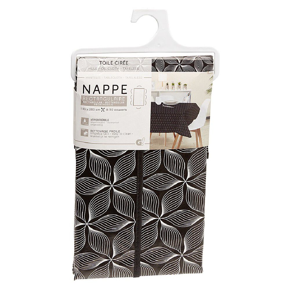 Toile cirée rectangulaire imprimée fleur pvc noir et blanc