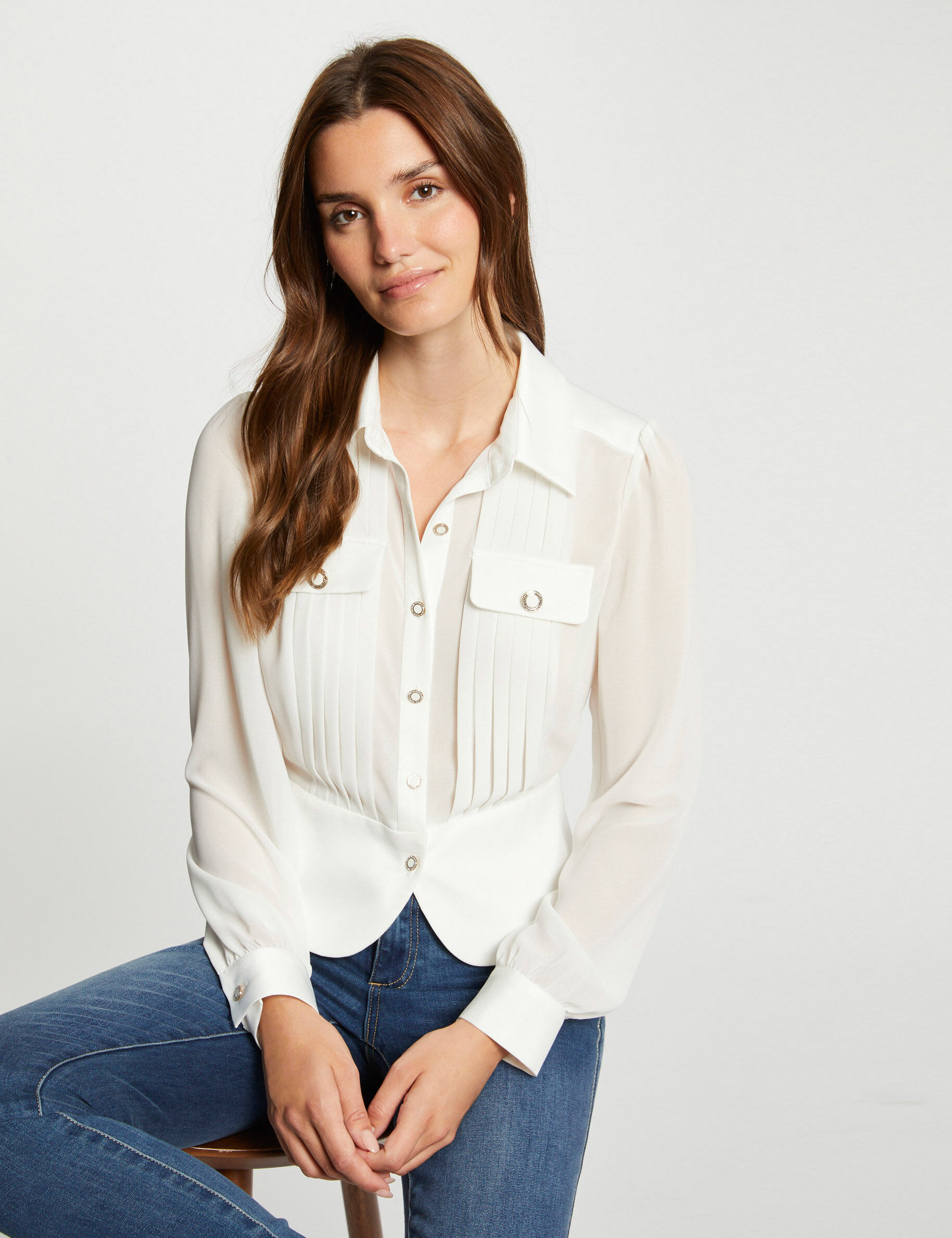 Long-Sleeved Shirt With Pleats Ivory Women