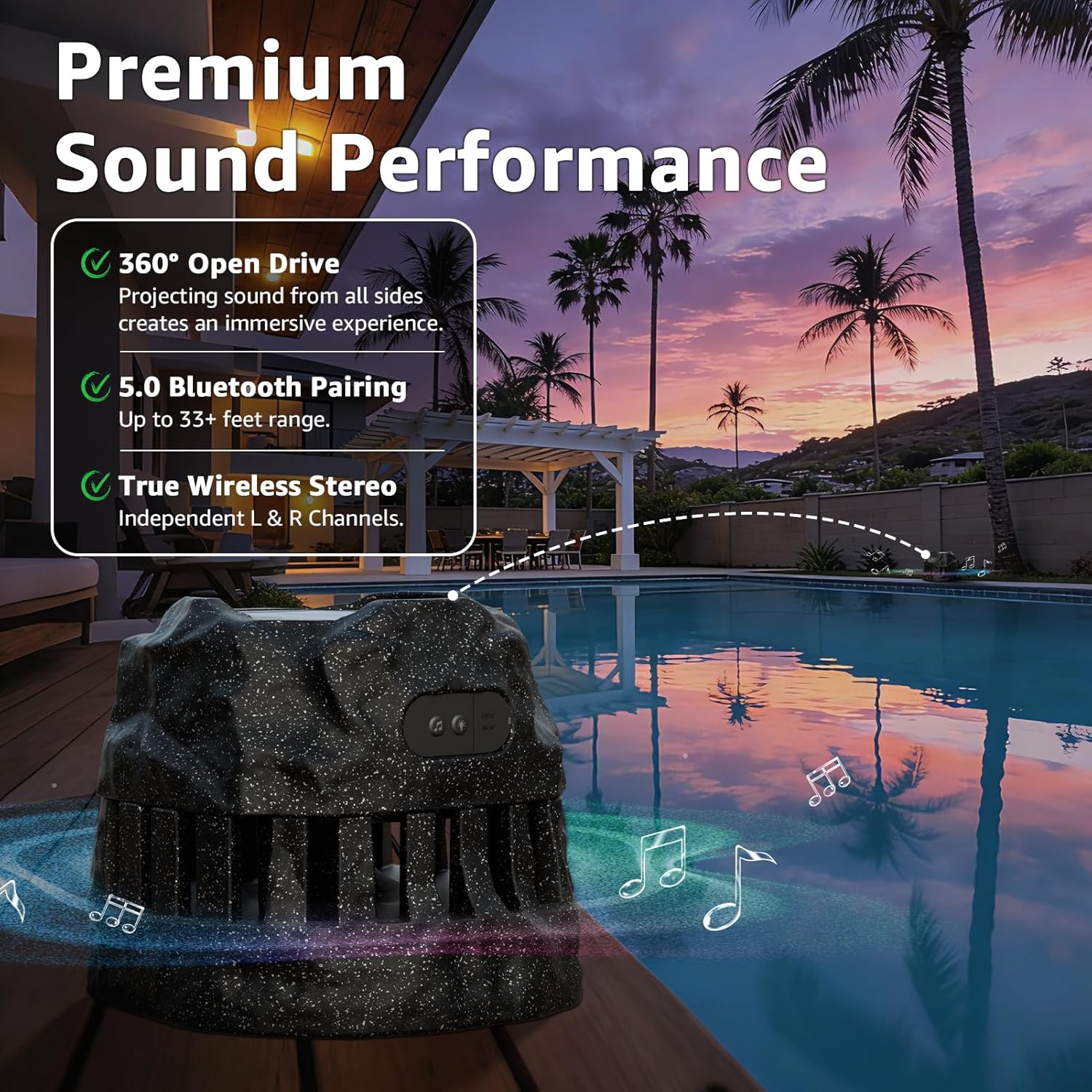 2-Pack Solar Powered Rock Speakers Waterproof Patio TWS Pair, 2 in 1 Charging, Rechargeable Outdoor Rock Speaker, IP44 for Pool Party Yard Outside Garden(Black)