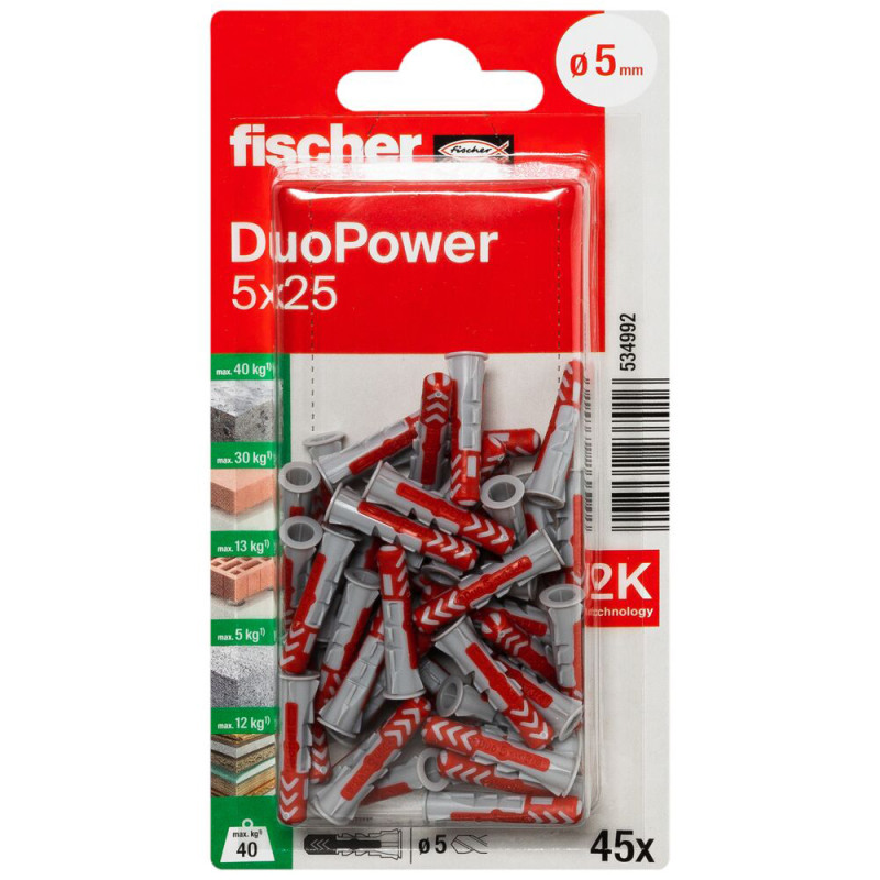 Cheville DuoPower en nylon avec collerette Ø 5 x 25 mm 45 pièces