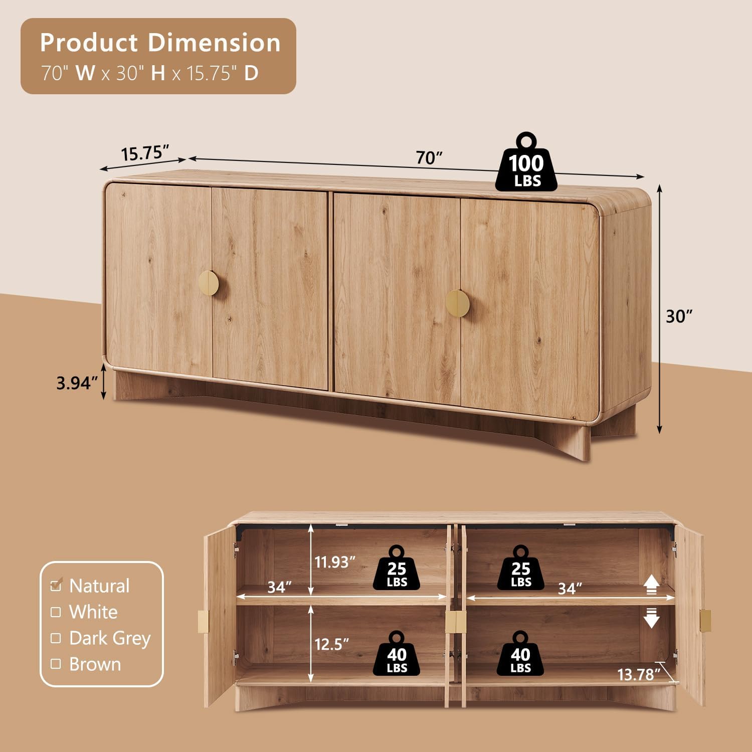 Modern Buffet Cabinet with Storage, 70 Large Sideboard Buffet Storage Cabinet with 4 Doors and Adjustable Shleves, Wooden Curved Coffee Bar for Dining Room, Kitchen, Living Room, Natural Oak