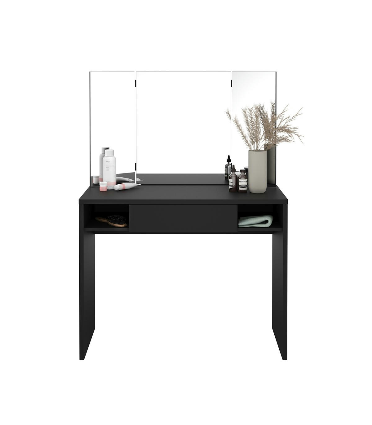 SCHMINKI - Coiffeuse 1 Tiroir 2 Niches avec Miroir 3 Pans