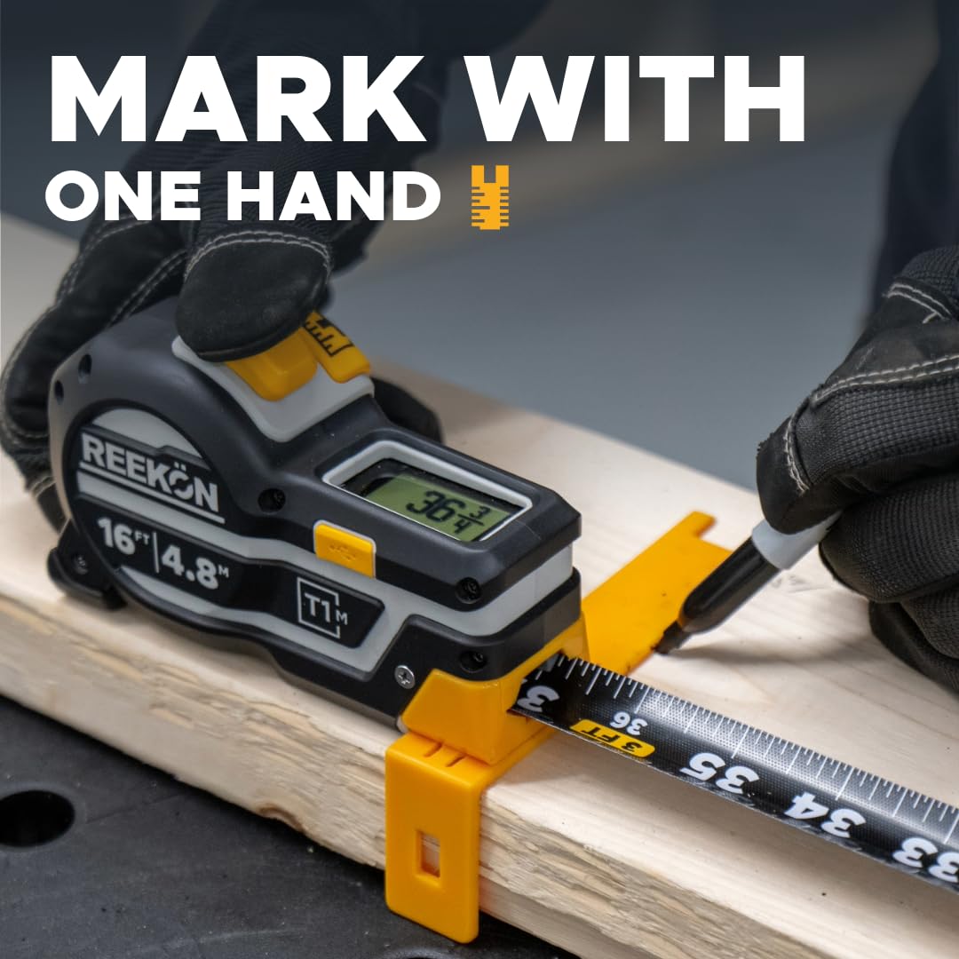 REEKON T1M Utility Digital Tape Measure 16ft (English) – Bluetooth Smart Measuring Tool, 1/32” Accuracy, Saves 1000+ Measurements, LCD Display, 150 Hour+ Battery Life & Rechargeable