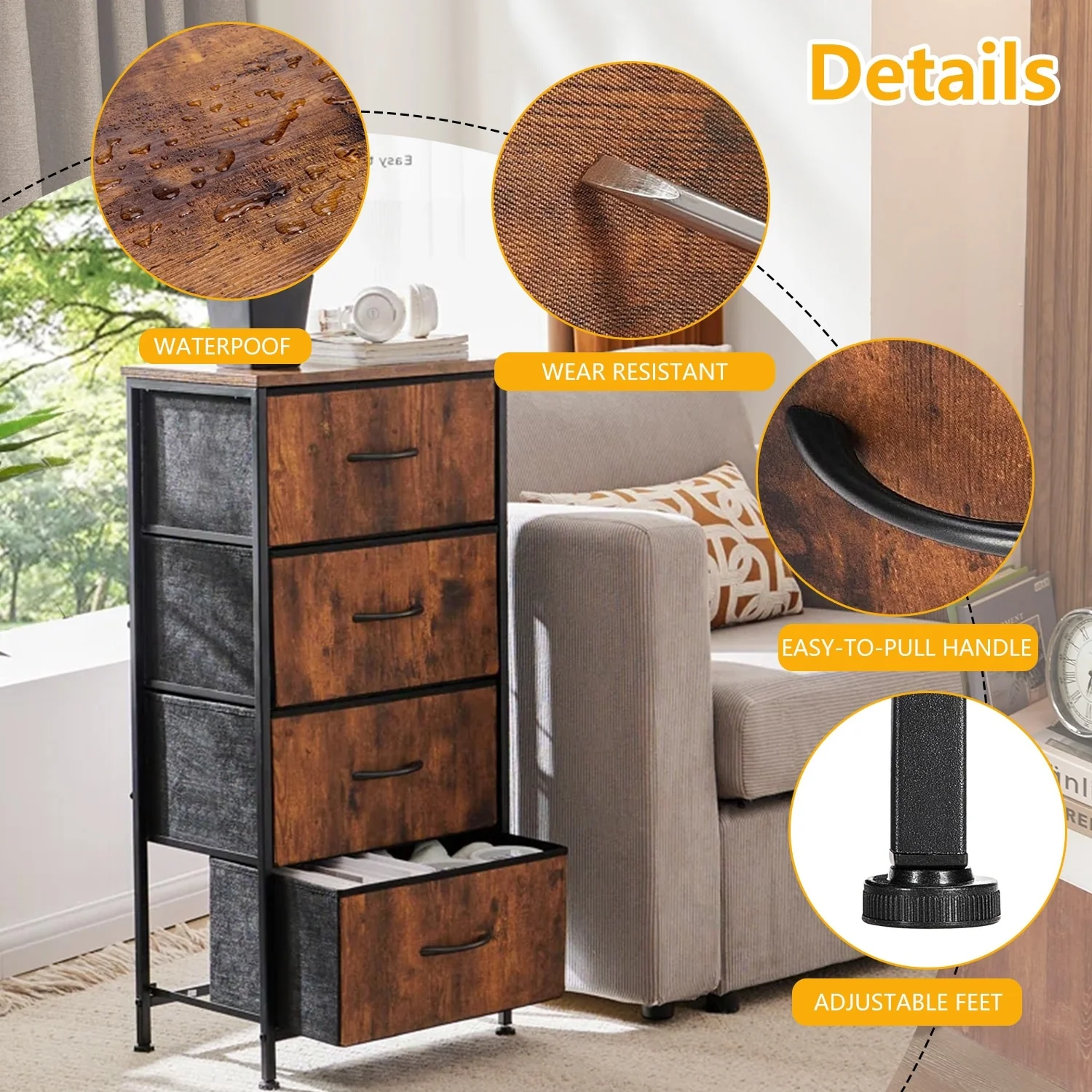 4 Drawers Dresser Storage Organizer Unit w/Removable Fabric Bins, Steel Frame Wood Top