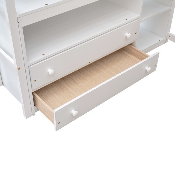 Full Size Loft Bed with Desk and Shelves, 2 Built-in Drawers