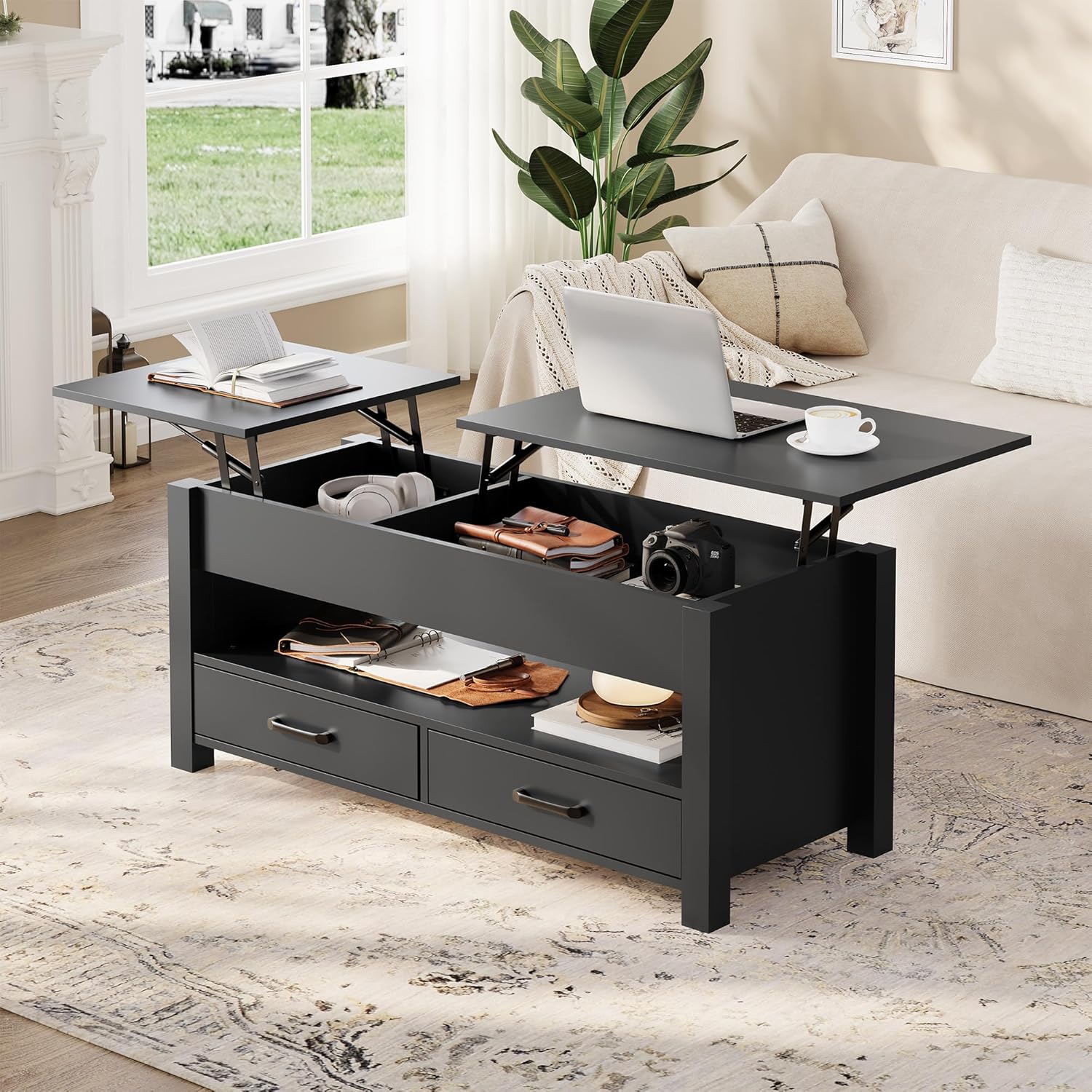 GarveeHome Coffee Table Lift Top, Convertible Coffee Table with Wooden Lift Tabletop, 2 Drawers and Hidden Compartment, Central Table with Storage for Living Room Home Office, Black
