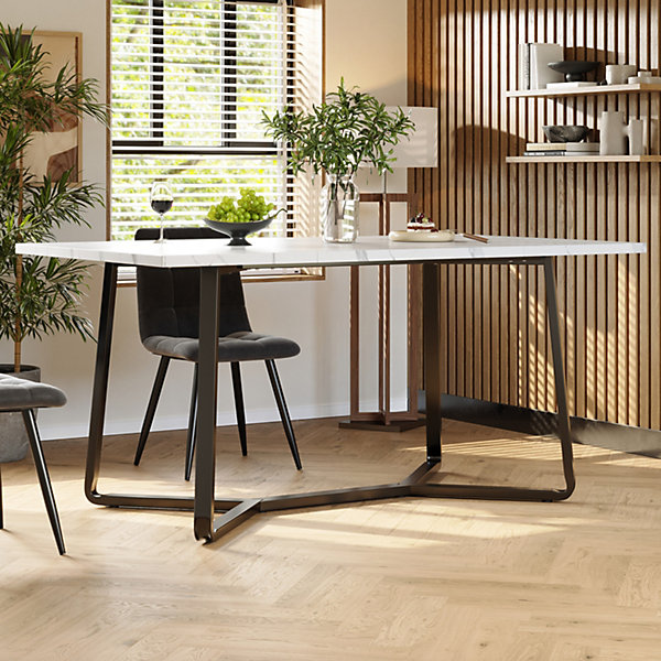 Ensemble Table et Chaises - Table Rectangulaire et 4 Chaises Velours, Salle à Manger Moderne, Plateau Effet Marbre, Gris et Blanc