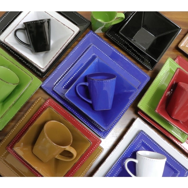 16 Piece Square Beaded Stoneware Set by Lorren Home Trends, Black