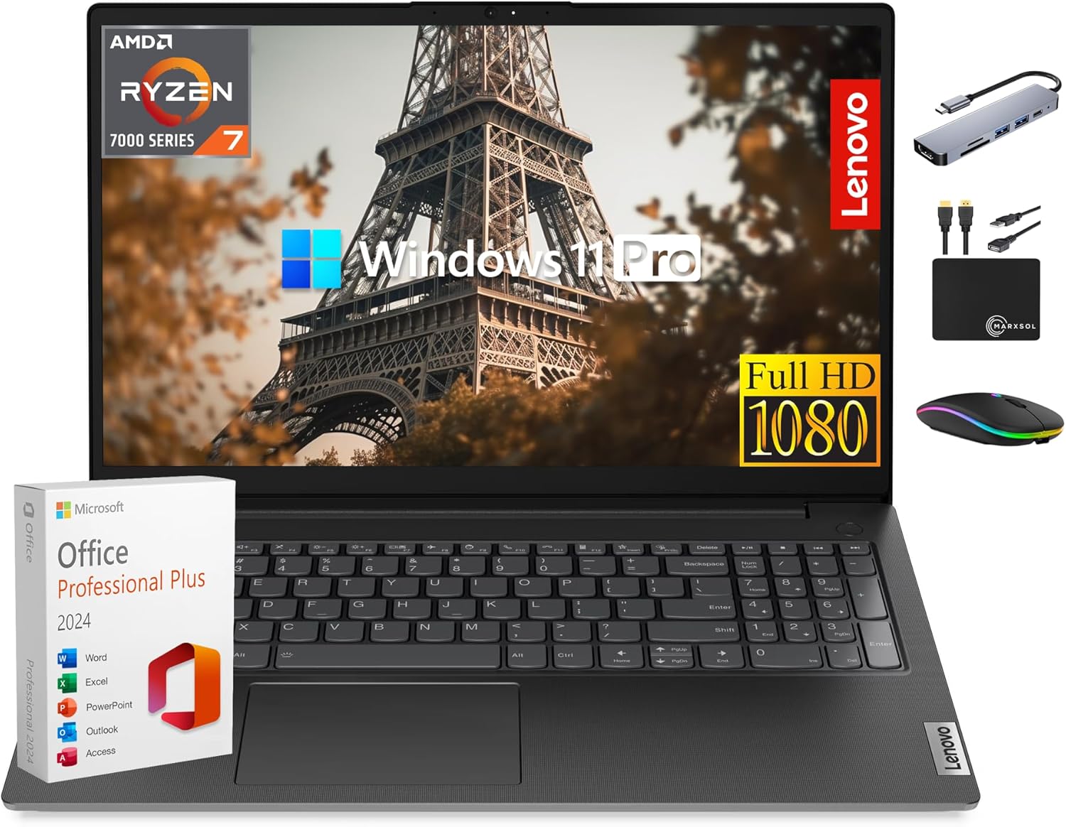 Lenovo V15 Business Laptop Premium  15.6” FHD Display  Lifetime MS Office  8-Core AMD Ryzen 7 7730U  24GB RAM  1TB Storage (512GB SSD + 500GB Ext)  Wi-Fi 6  RJ-45 NumPad  MarxsolAccessory  Win 11 Pro