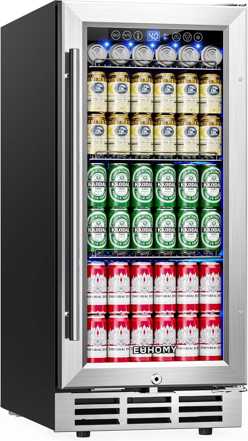 EUHOMY 15 Inch Beverage Refrigerator Cooler Under Counter 127 Cans Beverage Fridge Built-in or Freestanding with Glass Door, LED Light, Beer Fridge for Soda, Water, Wine - Home Kitchen Bar.