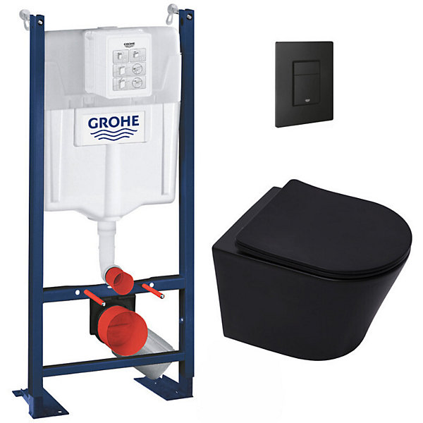 Grohe Pack WC Bâti-support Rapid SL   WC Infinitio sans bride noir mat   Abattant softclose   Plaque noire mat
