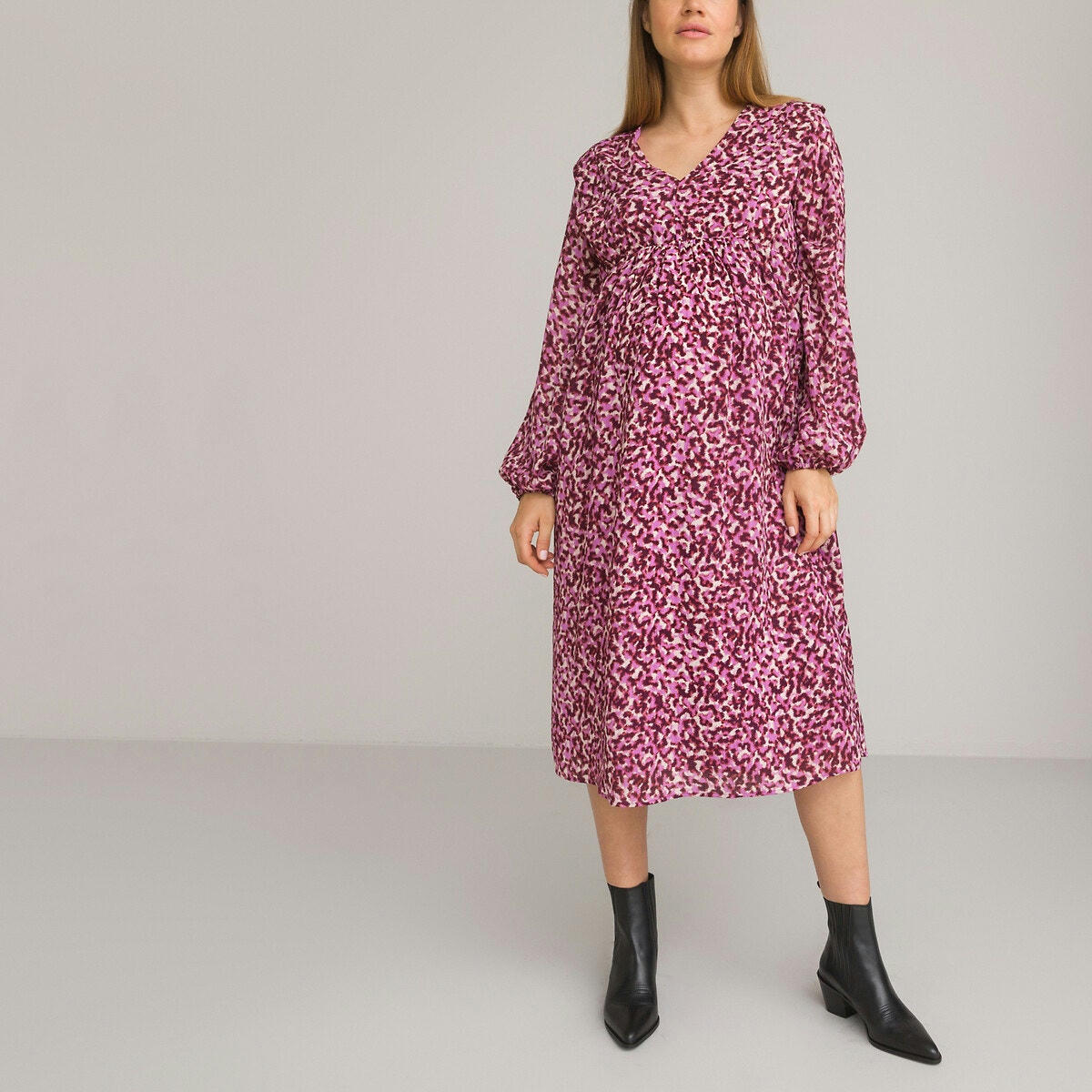 Robe de grossesse col v, manches longues, imprimé