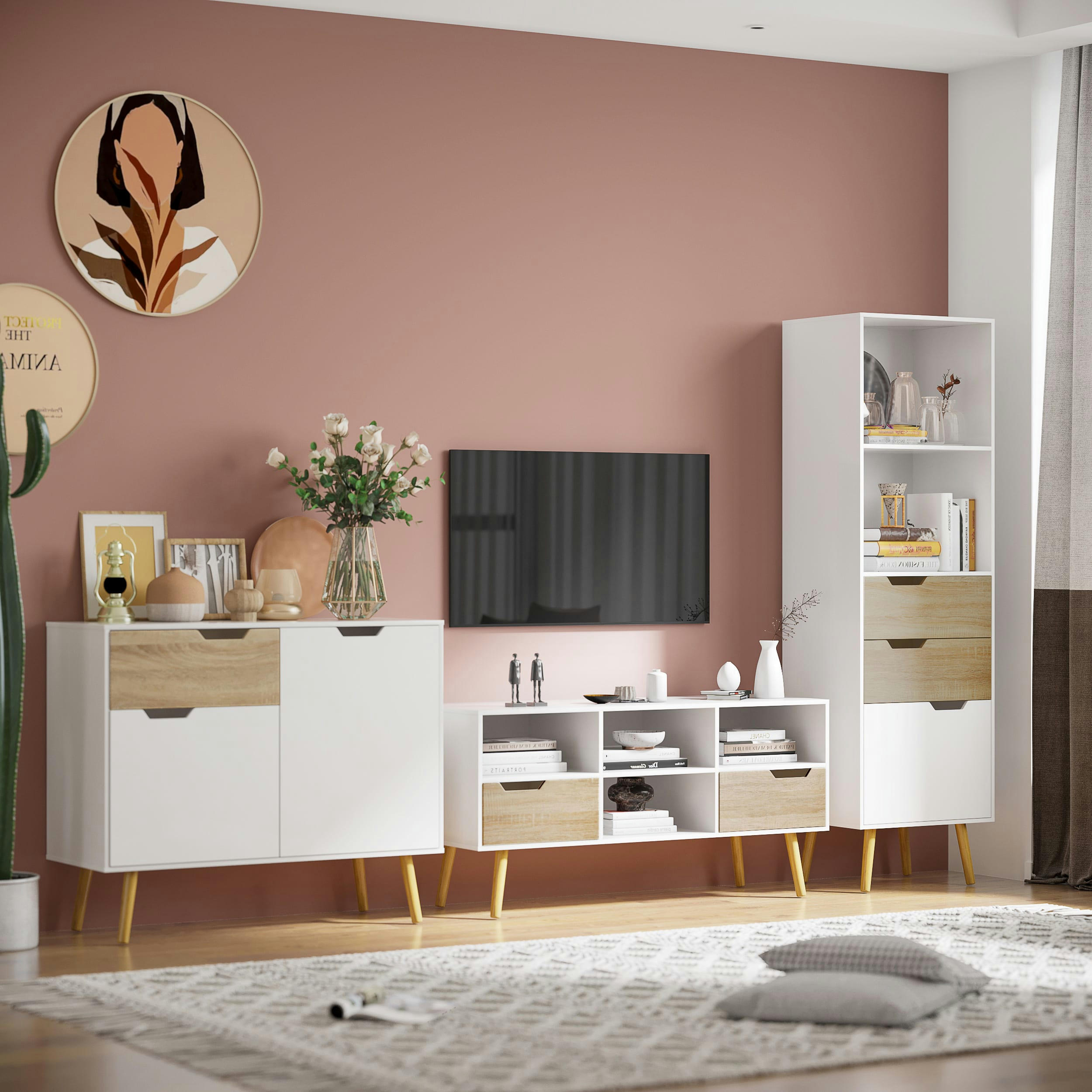 - Buffet design scandinave 2 portes tiroir blanc aspect bois