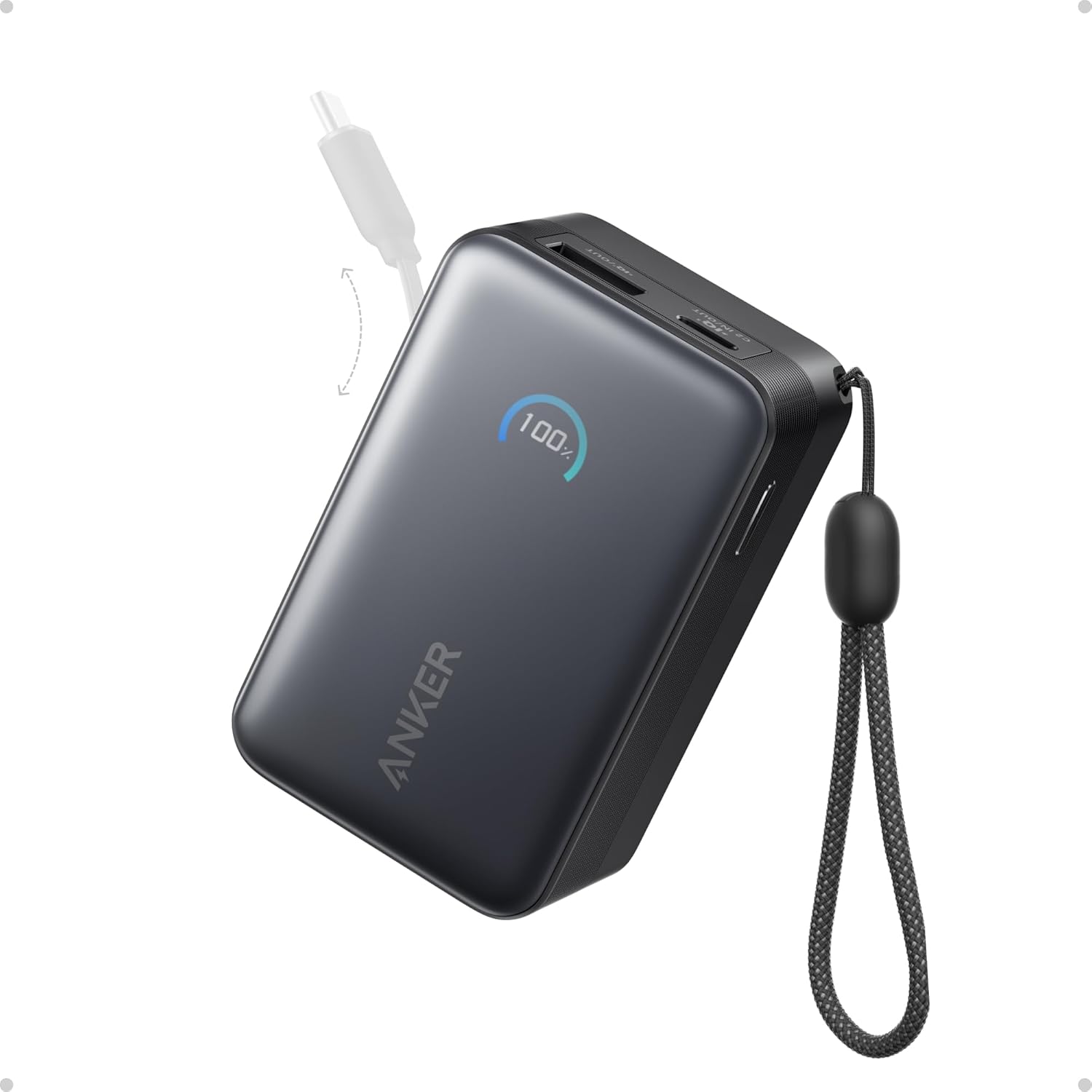 Anker Nano Portable Charger, 45W 10000mAh with 2.3 ft Retractable Cable, Compact Power Bank, Travel Essential Phone Battery Pack for iPhone 17/16 Series, iPad, Galaxy, Pixel, and More