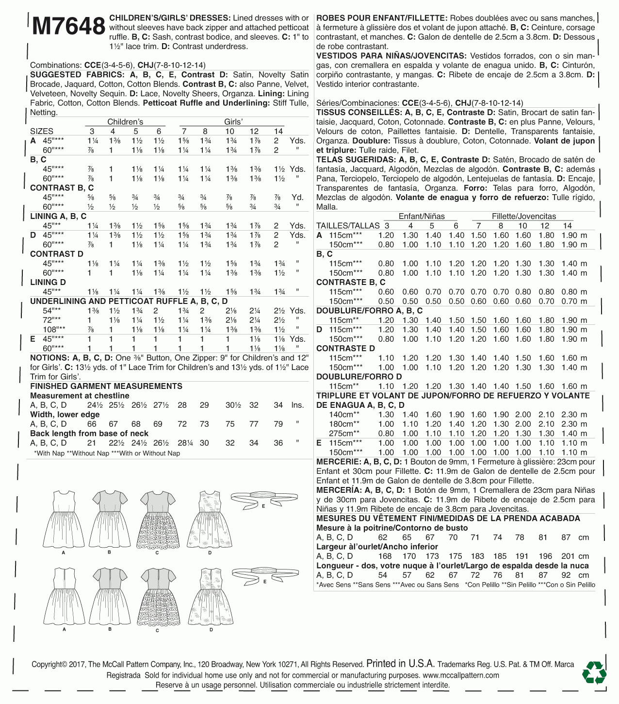 McCall's Pattern M7648 Childrens'/Girls' Gathered Dresses with Petticoat and Sash