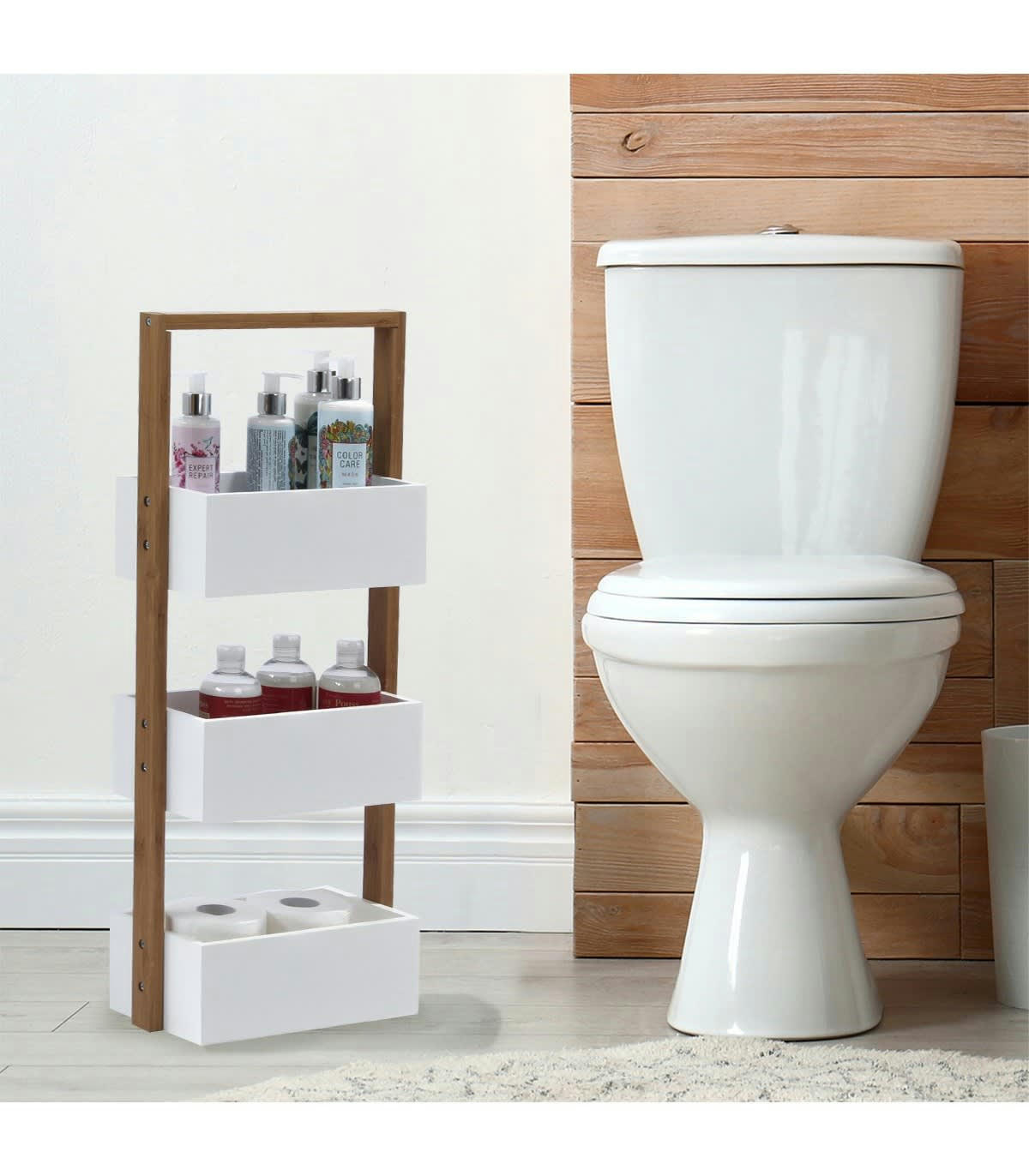 - Etagère droite bambou 3 bacs de rangement - Blanc