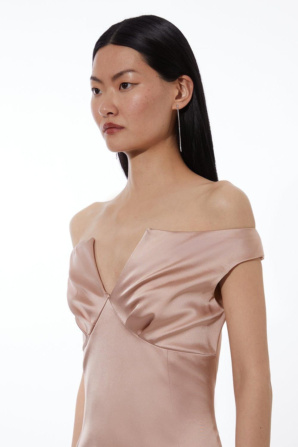 KarenMillen Italian Satin Tailored Off Shoulder Panelled Midi Dress