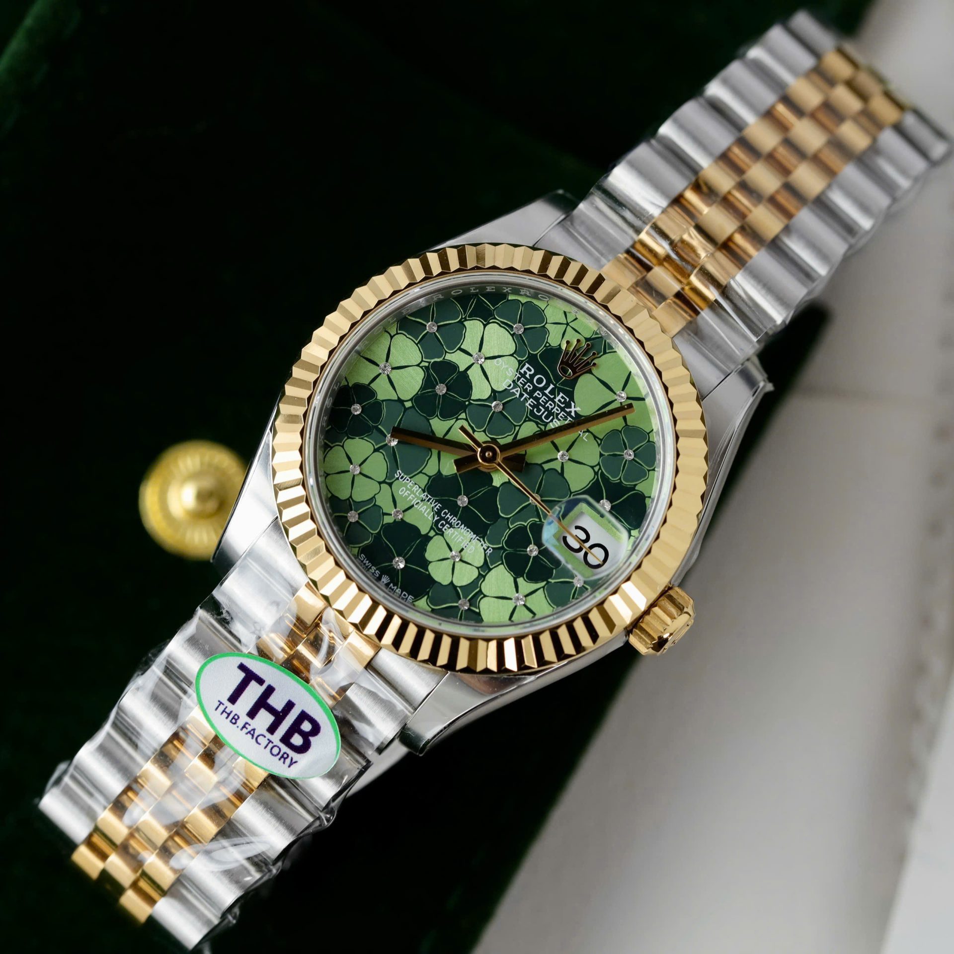 Rolex Datejust SS/YG Plated Flower Green Dial CZ Diamonds 31mm Jub Super Clone