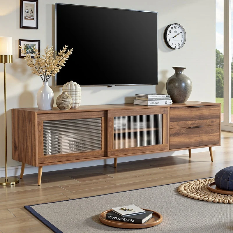 Modern TV Stand for TVs Up to 75, Media Console with Glass Doors, Drawers & Storage Cabinet