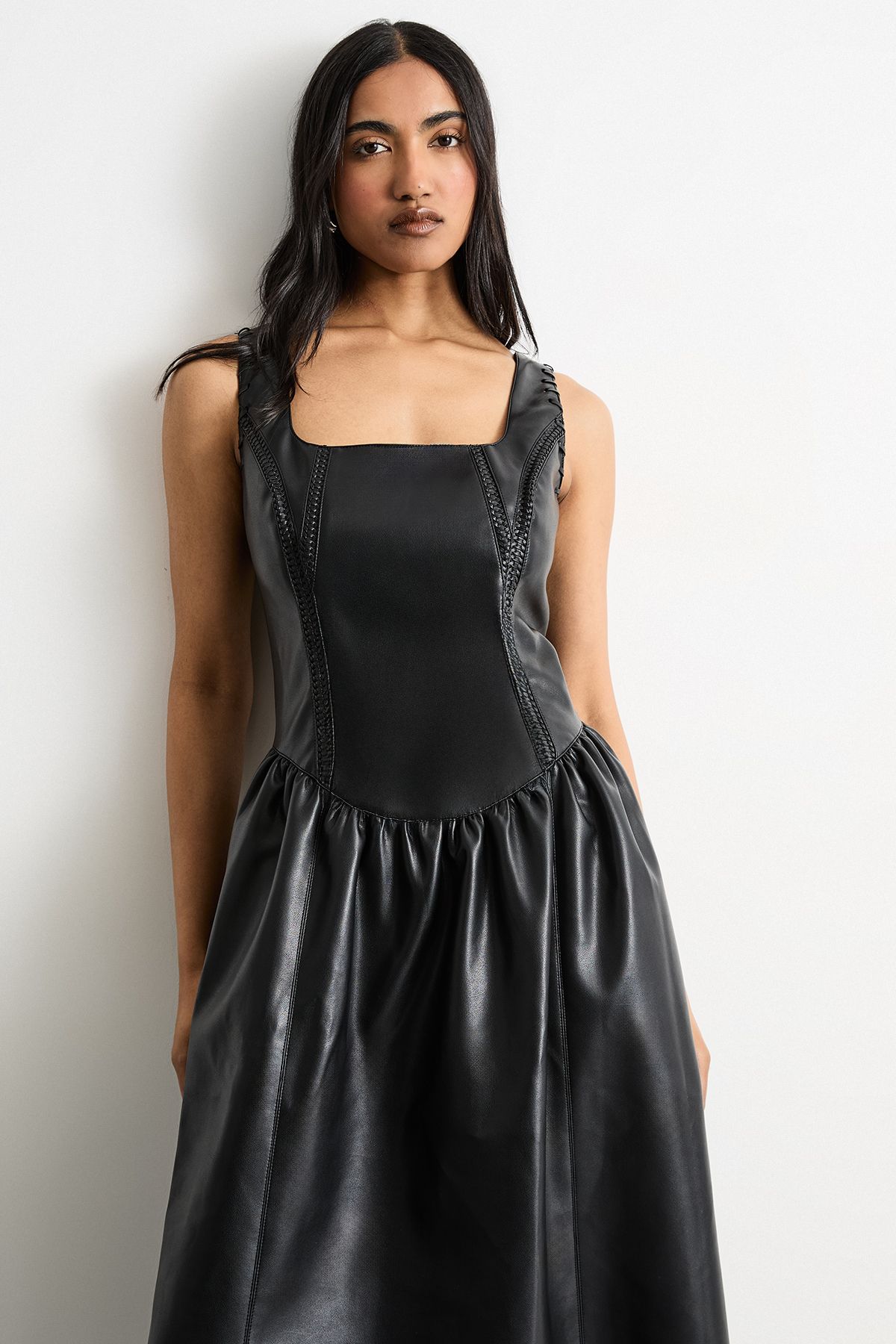 Warehouse Faux Leather Whipstitch Trim Midi Dress