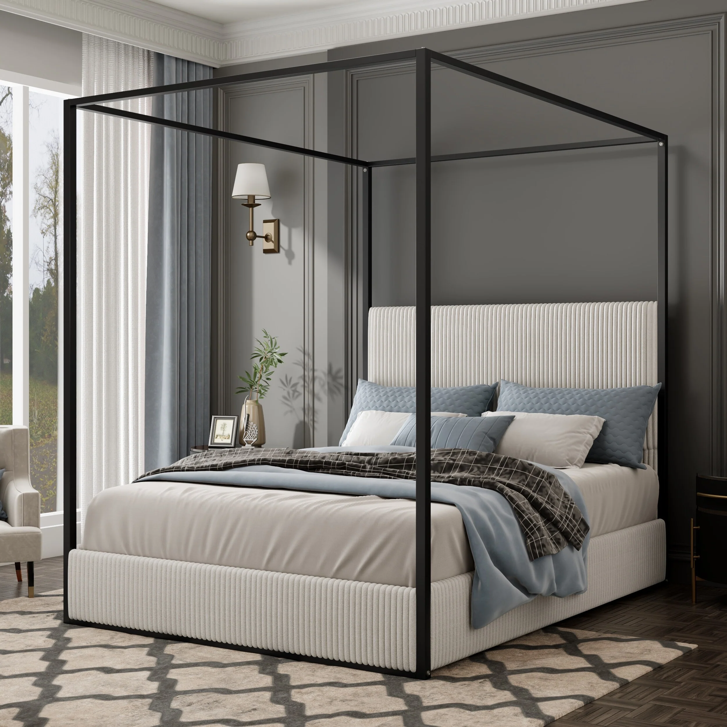Modern Luxury Metal Canopy Bed with Tall Upholstered Headboard & Four Poster