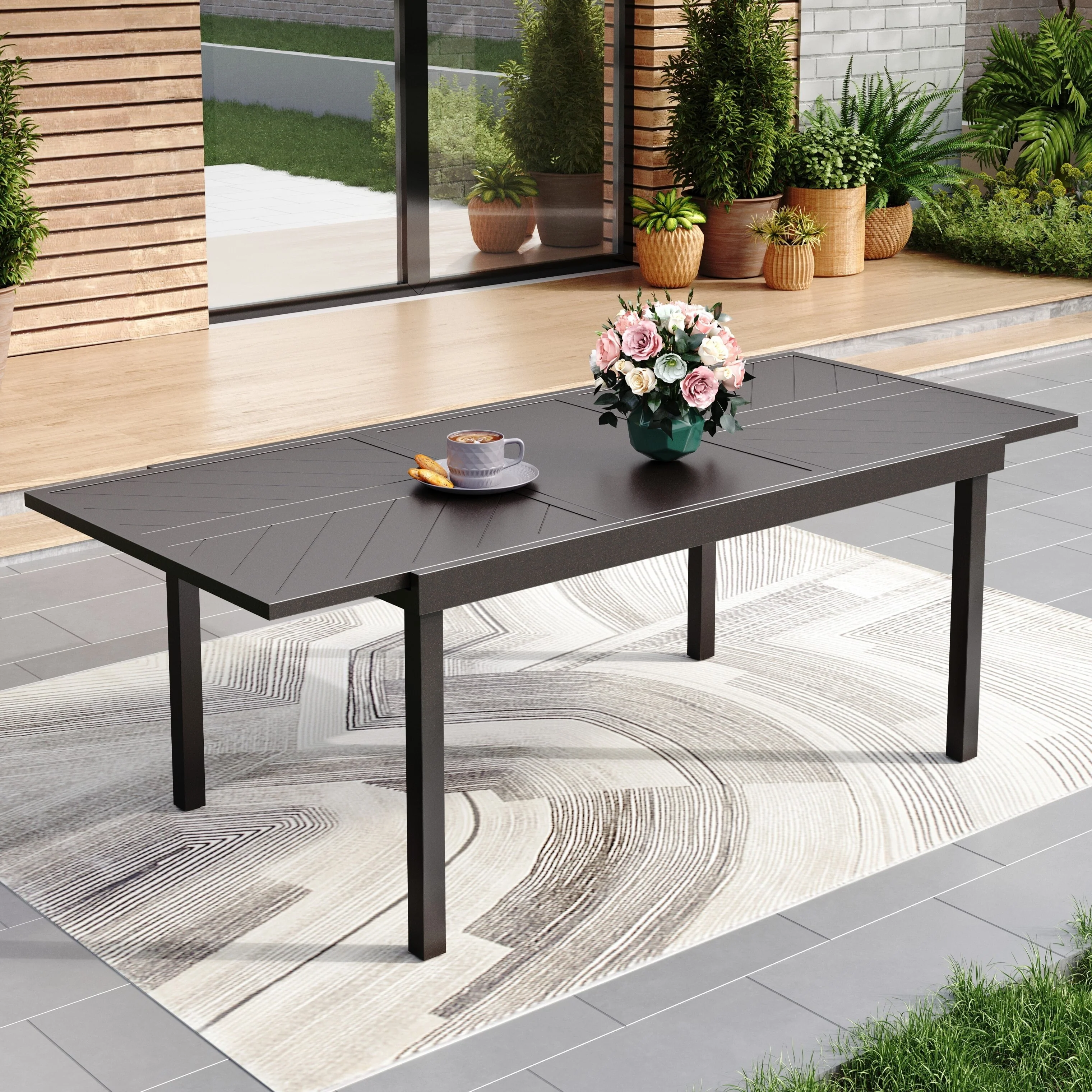 MAISON ARTS Expandable Metal Patio Dining Table - E-Coated Rectangular Outdoor Table for 6-8 People, Black