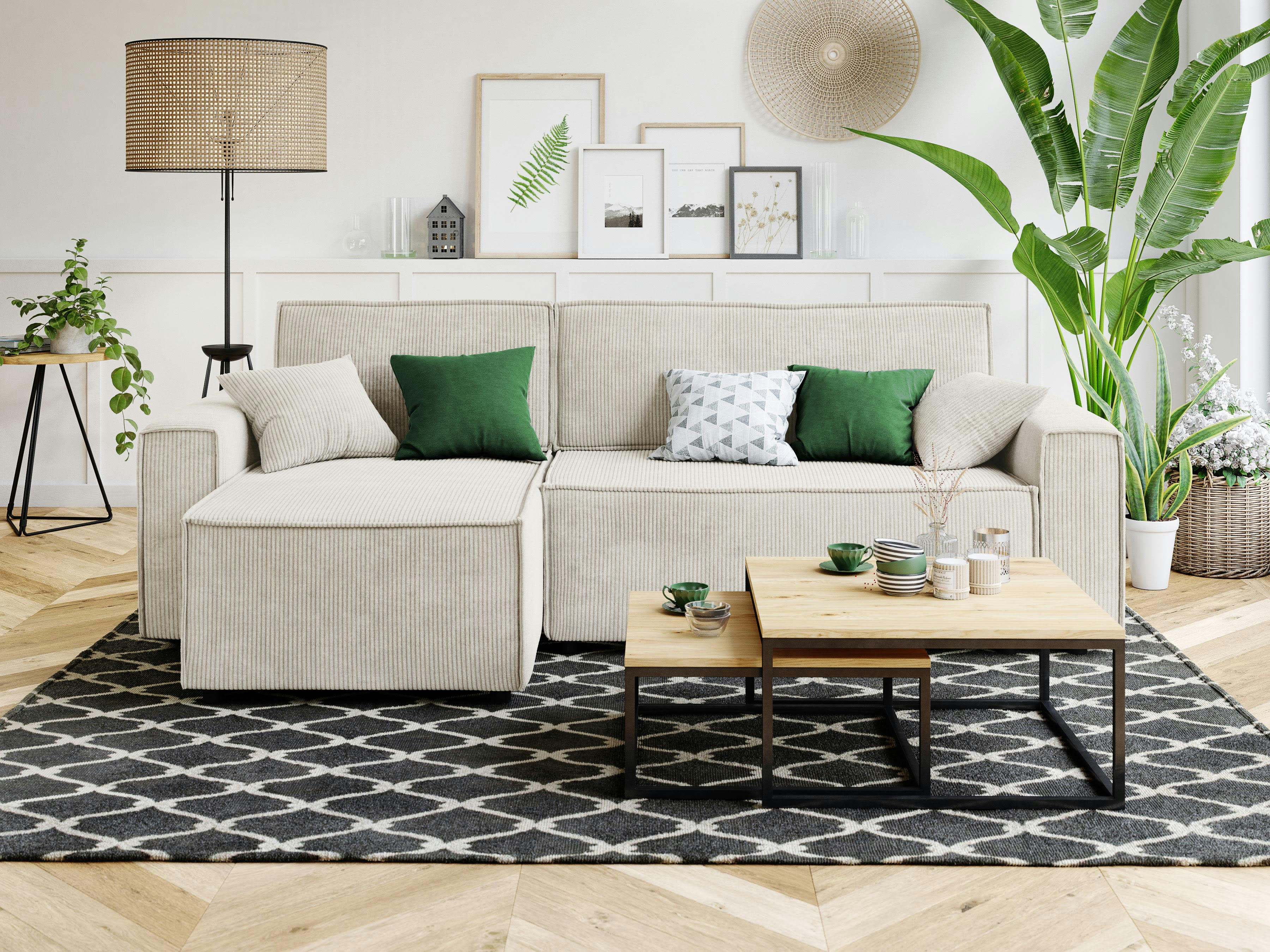 MIRA - Canapé d'angle convertible en velours côtelé 4 places beige