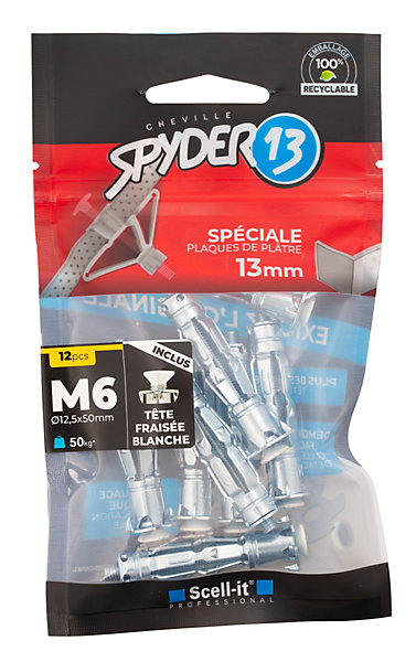 12 chevilles corps creux acier zingué Spyder M6 13mm   vis tête fraisée blanches
