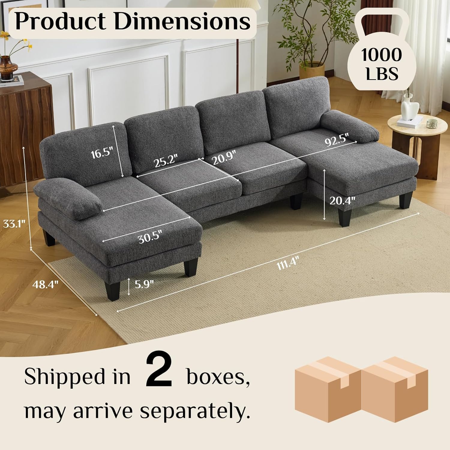 Karl home 110 U-Shape Sectional Couches for Living Room Chenille Upholstery 4 Seat Sofa Set with Double Chaises & Wood Grain Legs for Apartment, Dark Grey