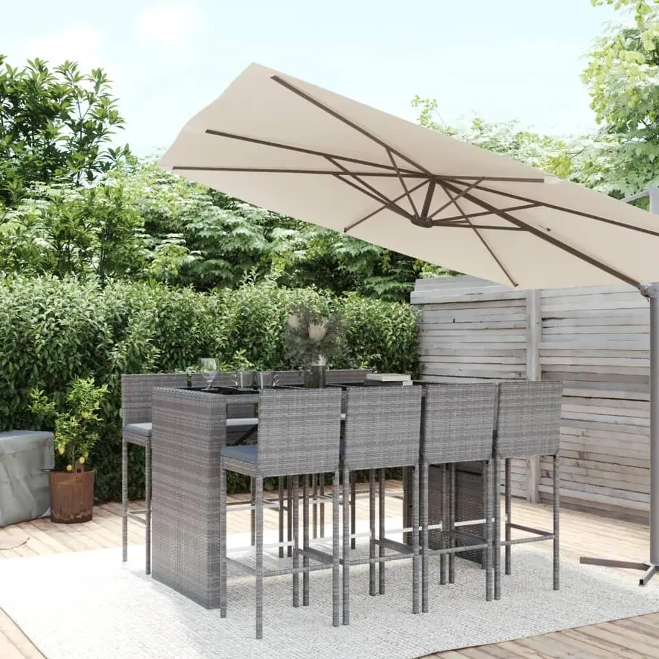 vidaXL - Tuinbarset met Kussens - Grijs Poly Rattan - 185x80 cm - 9 St.