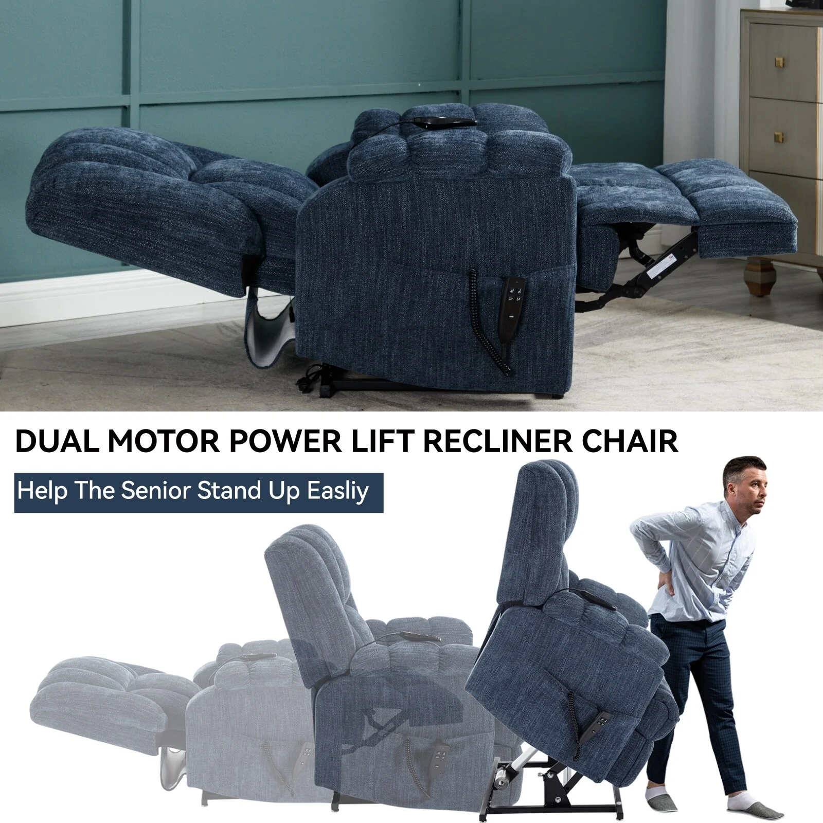 Oversized Chenille Upholstered Power Lift Massage Recliner with Massage, Lumbar Heating, 180° Flat Lay