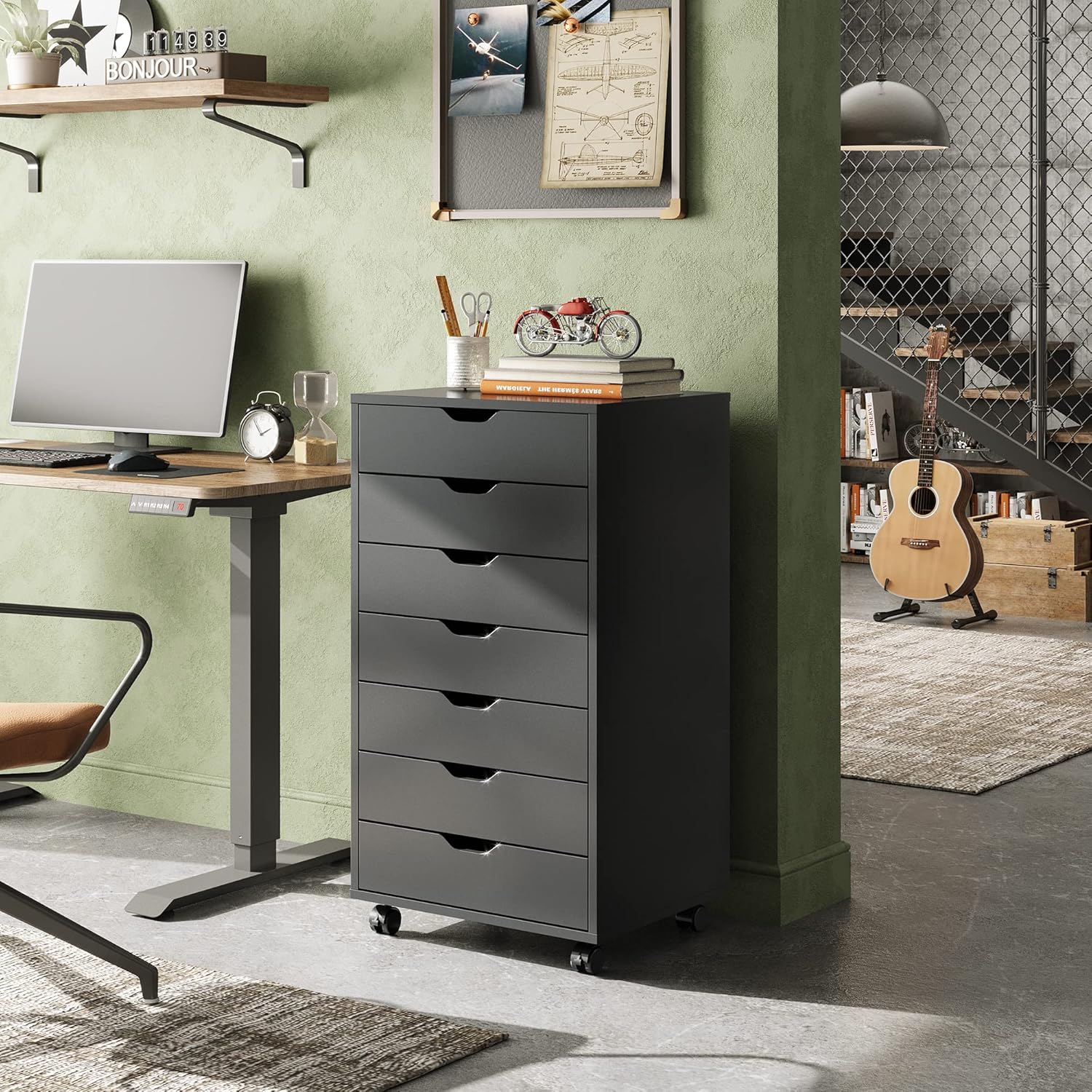 DEVAISE 7-Drawer Office Cabinets, Wood Storage Drawer File Cabinet with Wheels, Black